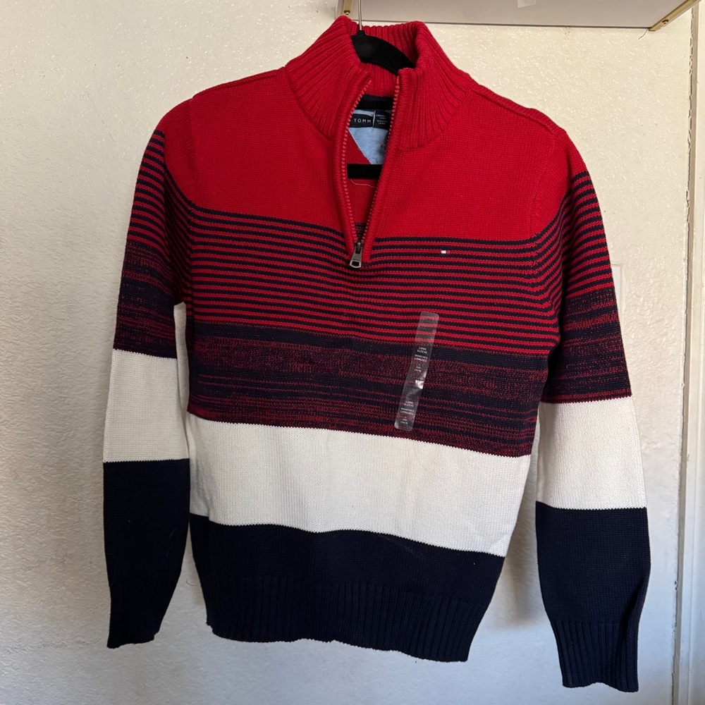 Tommy Hilfiger Red, Navy, and White Zip-Up Sweater